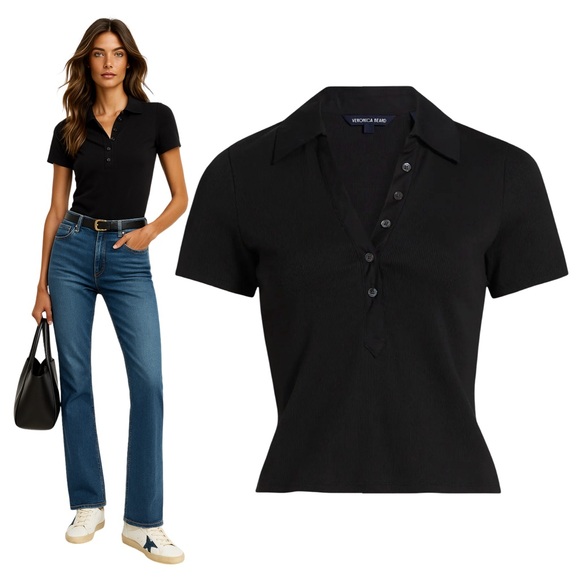 $198 VERONICA BEARD  Kearney Cotton Polo T-Shirt Sz S Black - Picture 1 of 6